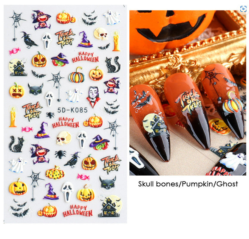 Halloween Nail Art Stickers Skull Pumpkin Ghost Spider Web 5D Decals