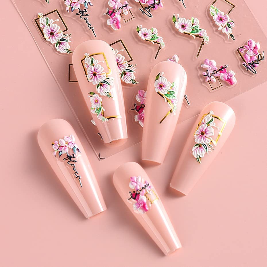 3D Embossed Flower & Leaf Nail Art Stickers Set - Self-Adhesive Decor