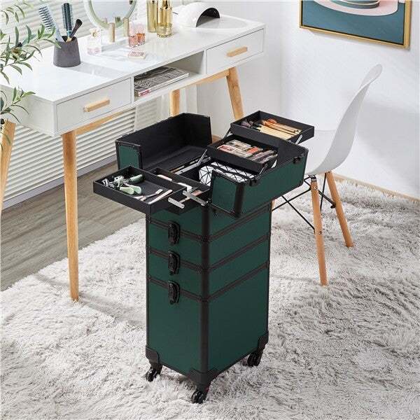 Aluminum 4-in-1 Professional Trolley Makeup Train Case Dark Green