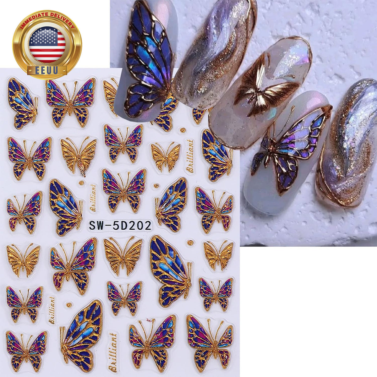 Butterfly Nail Art Stickers Set - 2 Sheets 3D Gold & Purple Decals for Manicure