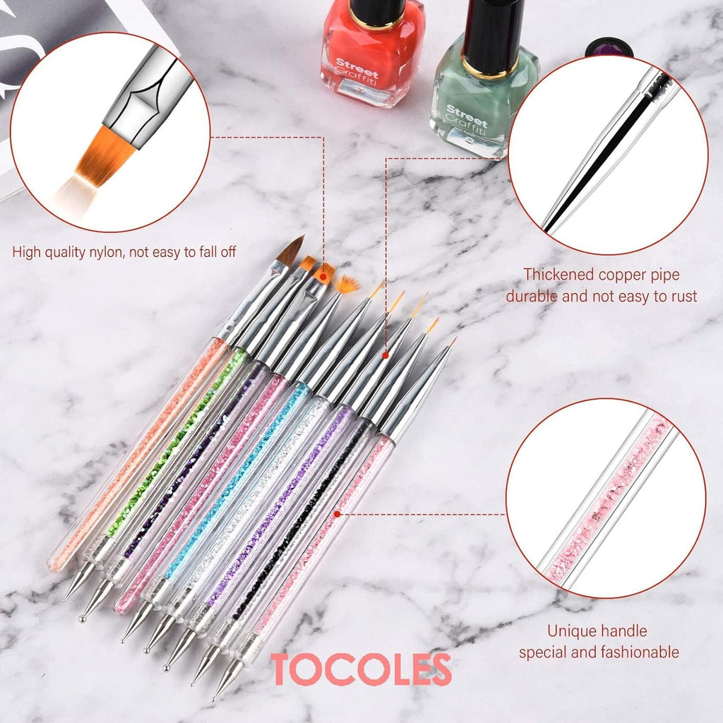 Nail Art Brush Set with 9 Double-Ended Acrylic & Nylon Brushes for Manicure Decorating