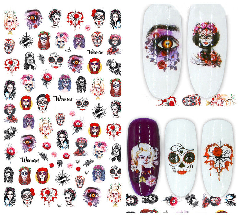 Woman Skull Flower Nail Stickers Day of the Dead Calavera Heart Decor