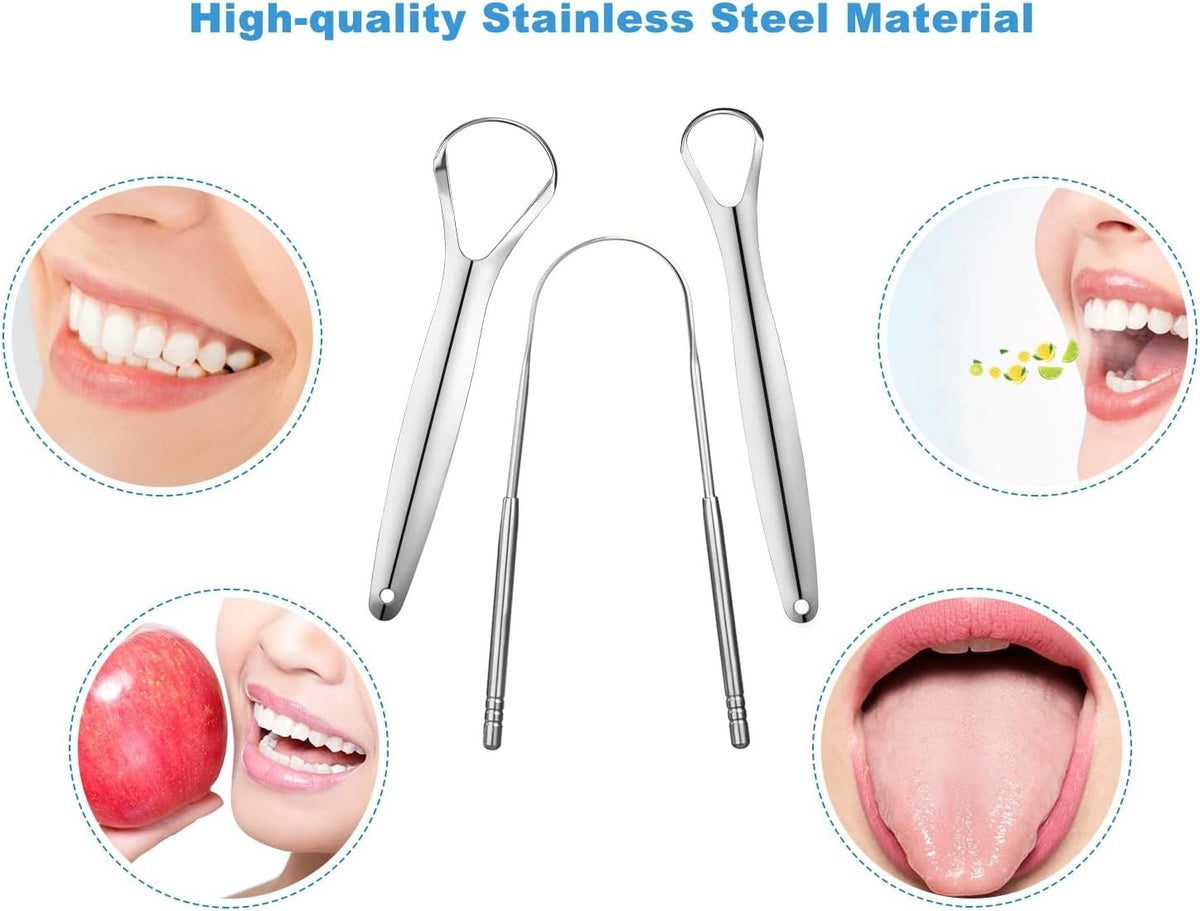 Stainless Steel Tongue Scrapers Set - 3 Pack for Oral Hygiene & Fresh Breath