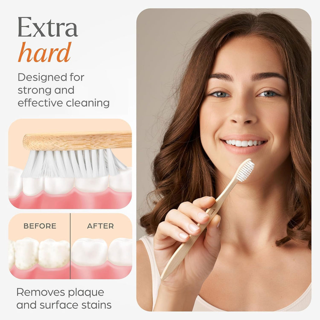 Extra Hard Adult Toothbrushes Pack of 10 with Natural Bamboo Handles