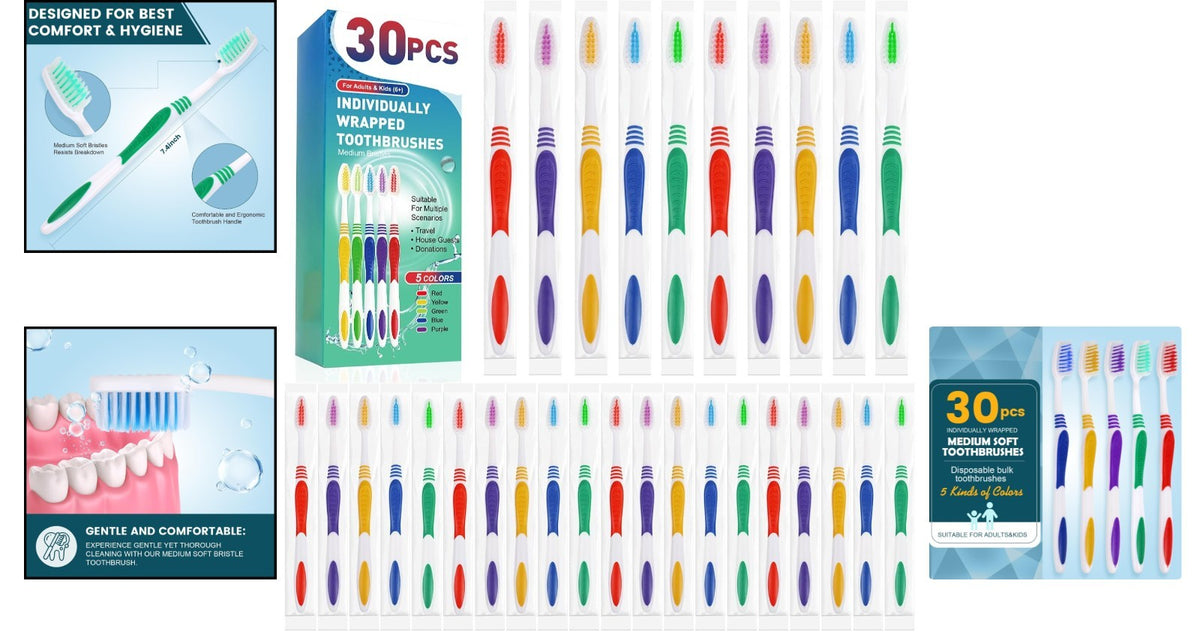 Disposable Travel Toothbrushes Set - 30 Soft Bristle, Individually Wrapped