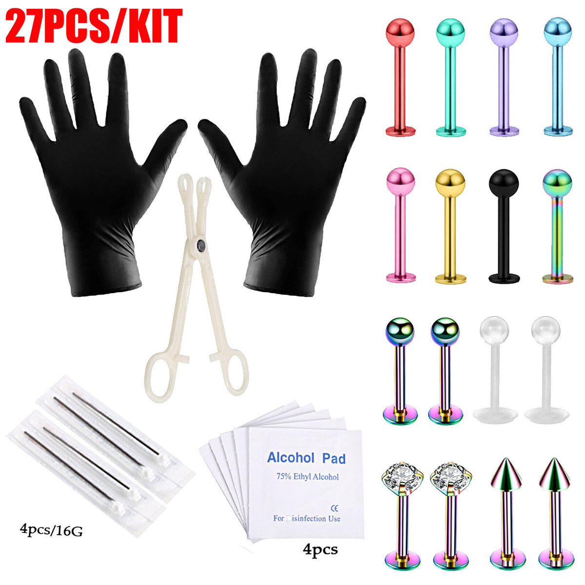 Professional Body Piercing Kit 8-27Pcs Stainless Steel 16G - Ear Nose Lip Tools Set