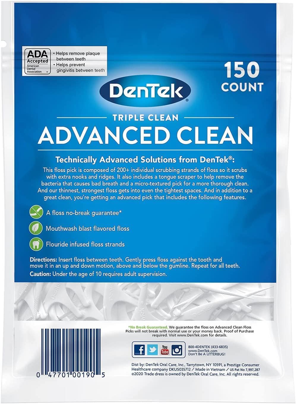 3 Pack Dental Floss Picks No Break Shred Fluoride Mint 150 Count