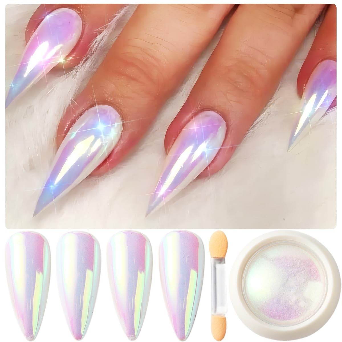 Holographic Unicorn Chrome Nail Powder - Aurora Rainbow Neon Pink for Nail Art