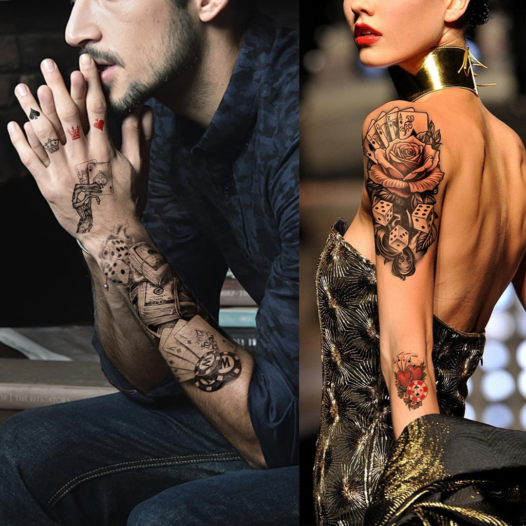 Temporary Tattoo Set for Adults & Teens - 77 Sheets Large & Small Tattoos with Casino, Dice, Dollars, Skull & More