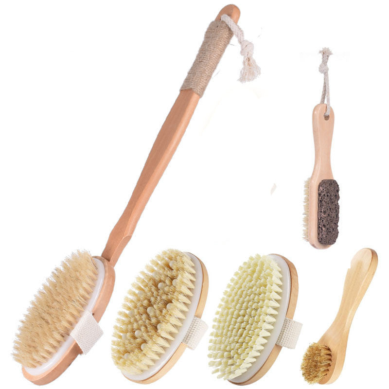 Natural Wooden Body Brush Set with Exfoliating Bristles & Long Handle