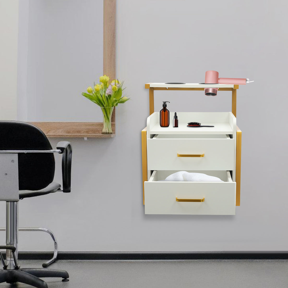 Wall Mount Salon Storage Cabinet with 2 Drawers and Open Shelf - Spa Barber Hair Tool Organizer
