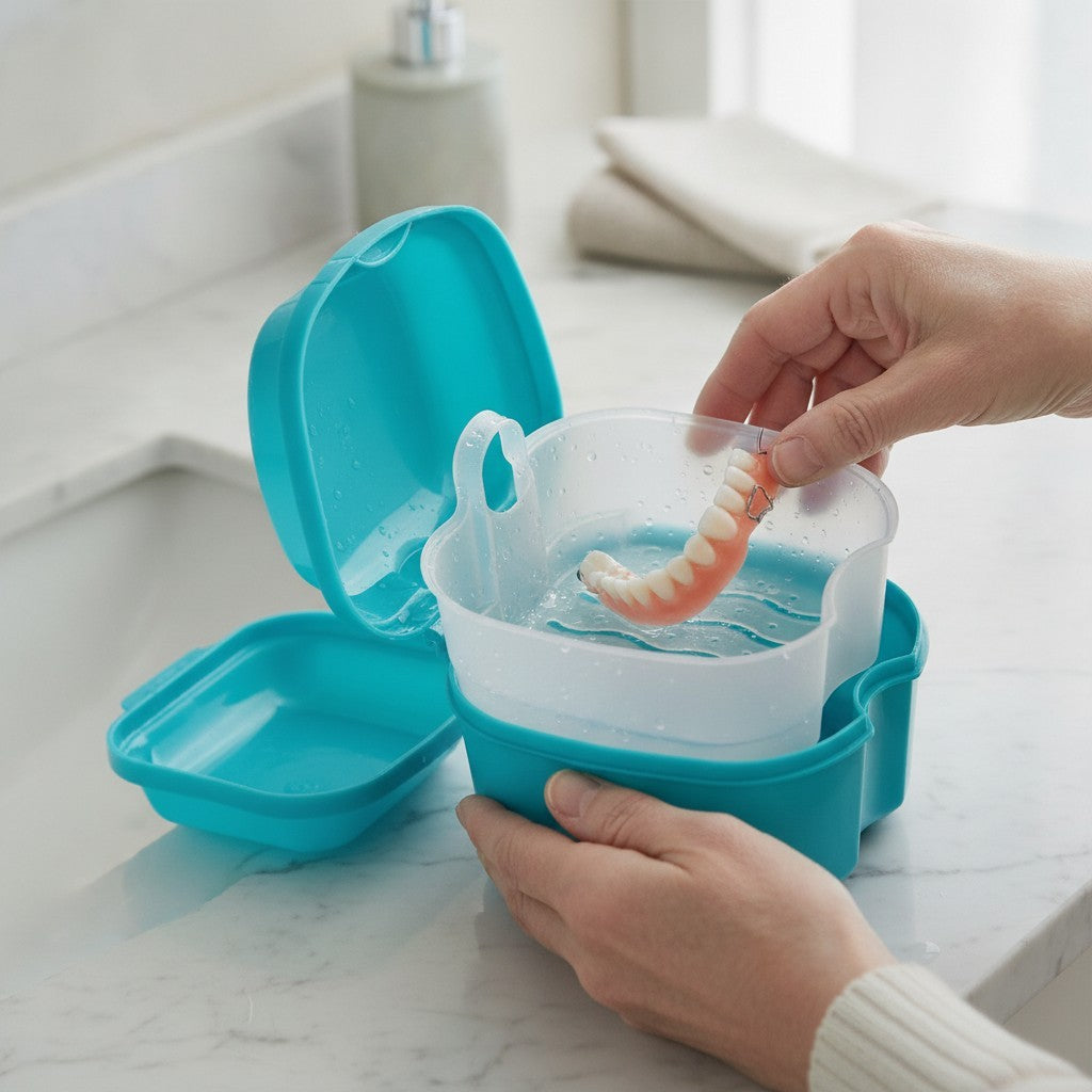 Portable Green Denture Case with Strainer - Hygienic Storage for Dentures & Retainers