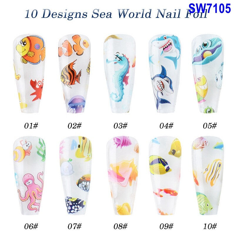 Sea World Fish Shark Shell Horse Star Nail Foil Transfer Stickers 10 Sheets