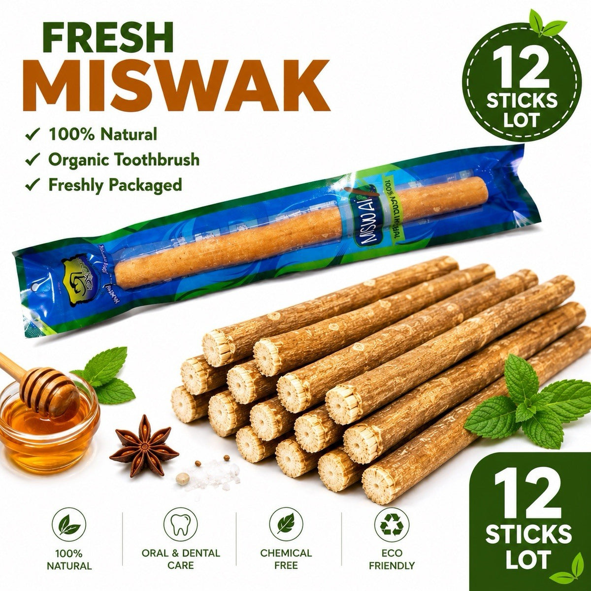 Natural Miswak Toothbrush Sticks 12 Pack for Oral Hygiene & Whitening