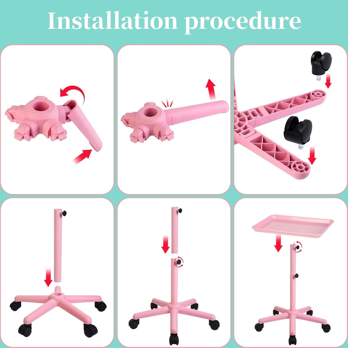 Pink Height-Adjustable Salon Tray with 5 Wheels for Beauty & Home Use