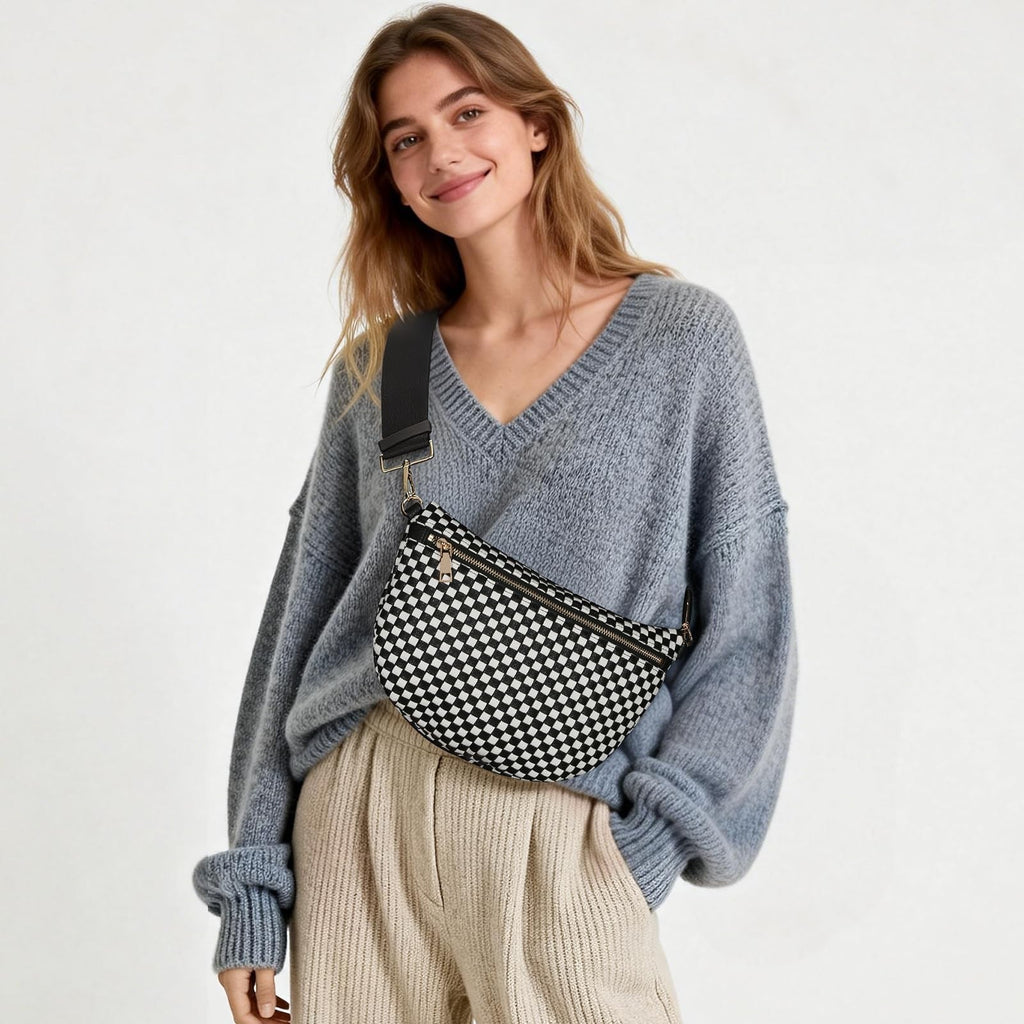 Women’s Checkered Faux Leather Crossbody Bag – Woven Bum Bag