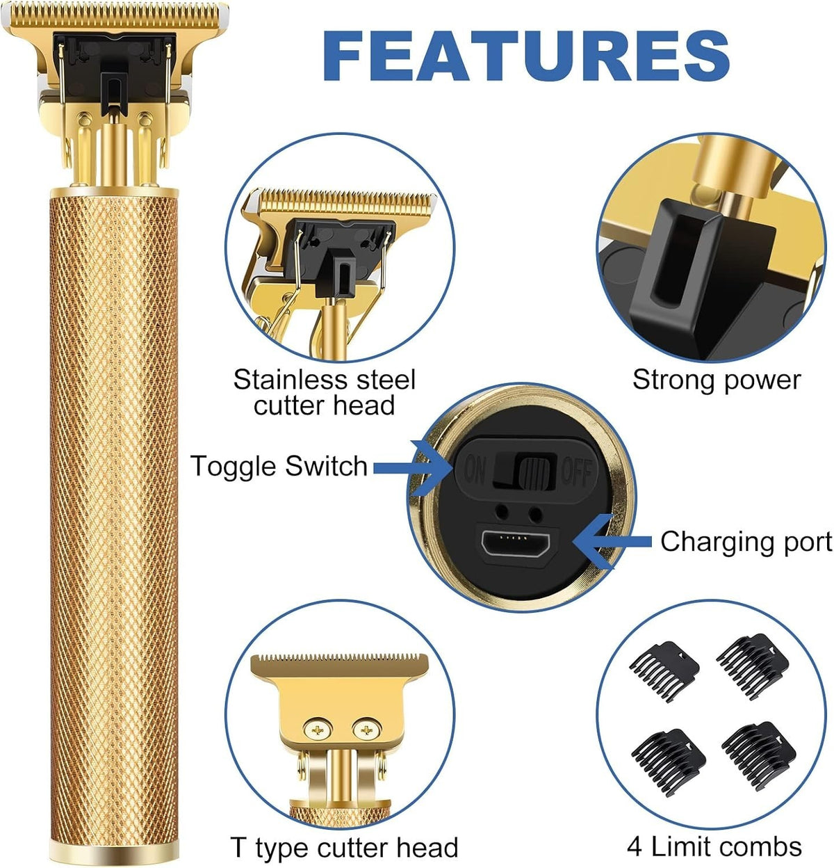Gold Hair Clipper with Powerful Motor, 4 Guide Combs & Quiet Operation