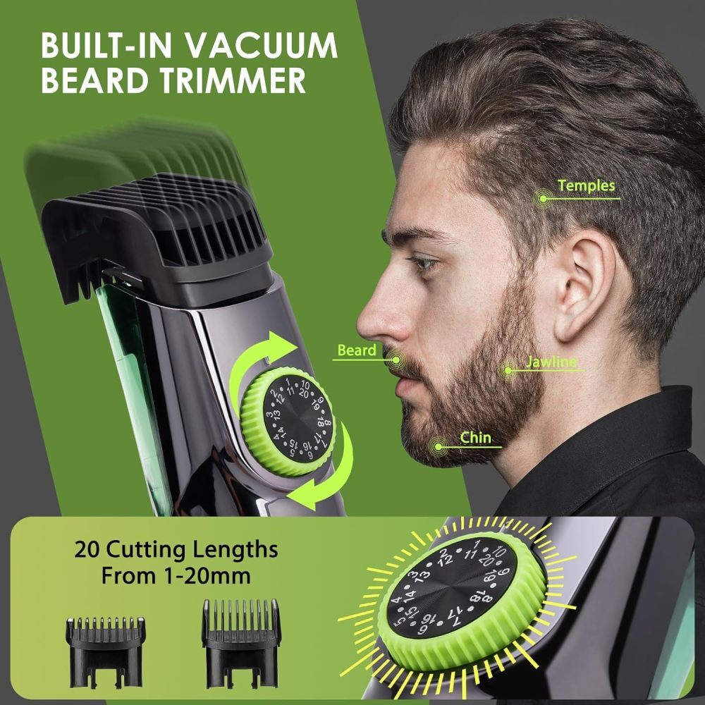 Rechargeable Vacuum Beard Trimmer for Men, Waterproof, Adjustable Length