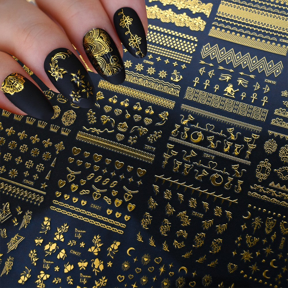 Gold Lace Moon and Star Nail Art Stickers - 10 Sheets for Elegant Nail Decoration
