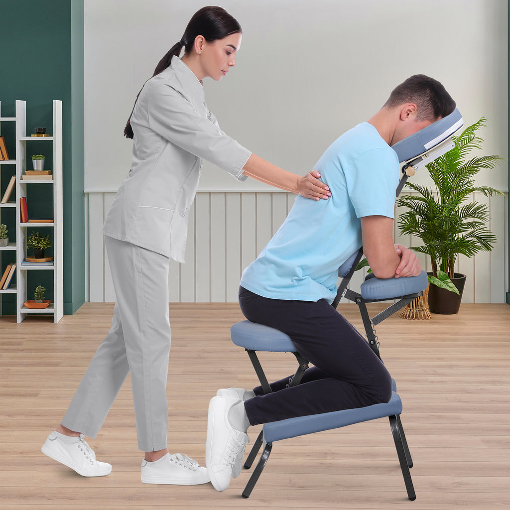 Portable Folding Massage Chair with PU Leather - Black & Blue