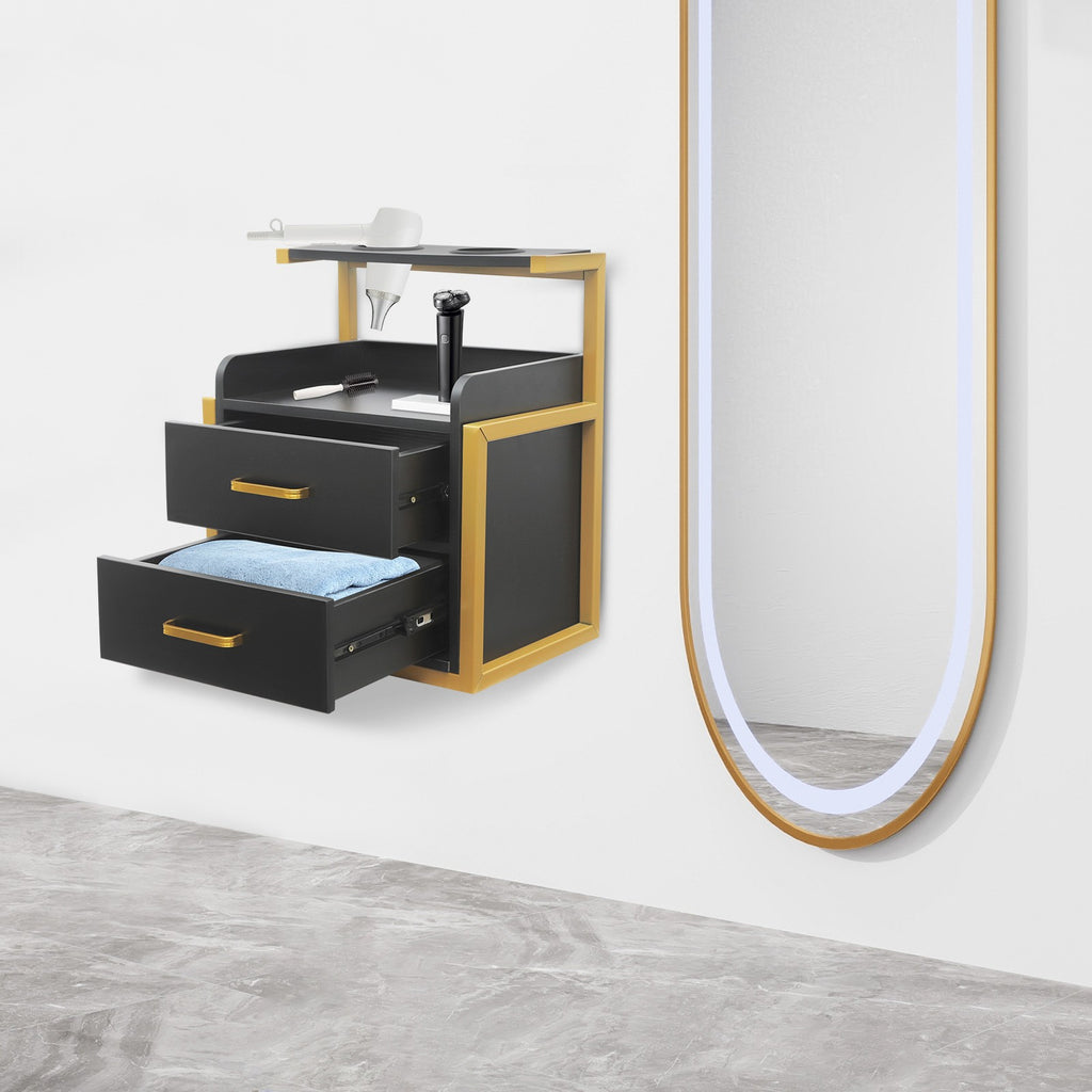Wall-Mounted Salon Storage Cabinet with 2 Drawers & Hair Dryer Holder