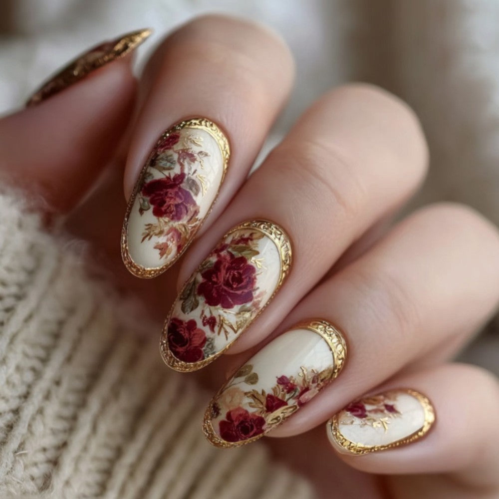 48P Short Almond Press-On Fake Nails with Red Rose Gold Trim - Glossy Nail Art
