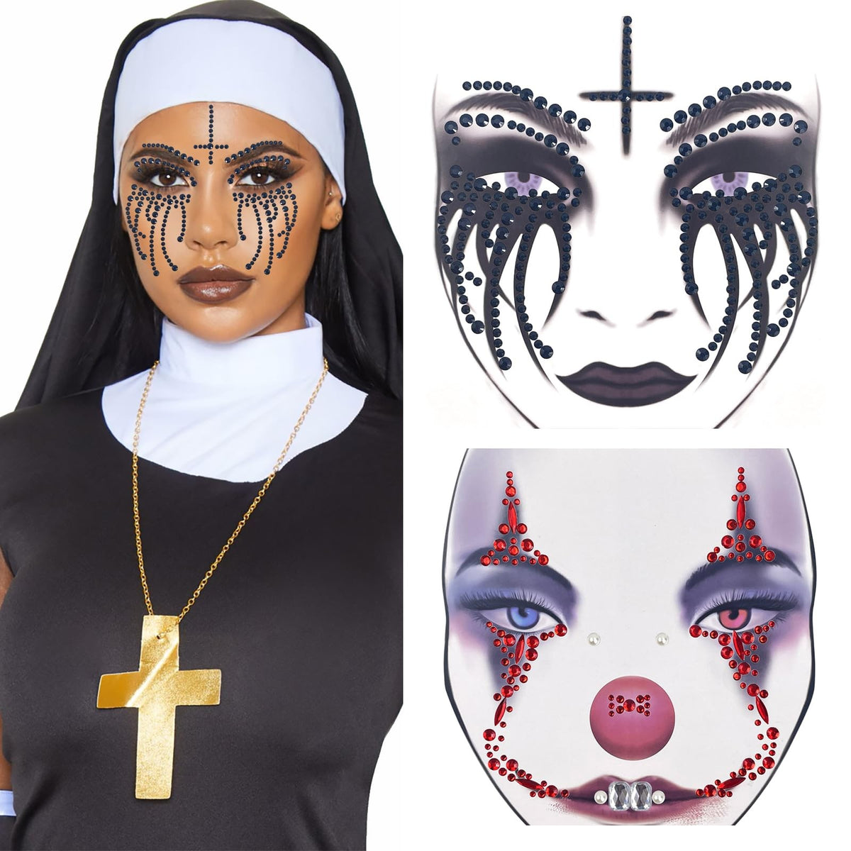 2 Pack Halloween Face Gems Jewels - Clown & Nun Self-Adhesive Rhinestone Tattoos