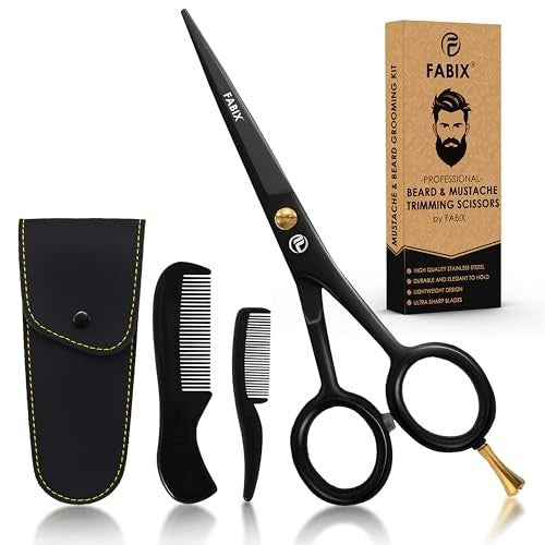 Men's Beard & Mustache Grooming Kit with 5 Inch German Steel Scissors and Travel Pouch