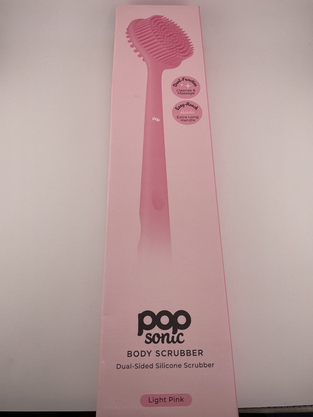 Pop Sonic Dual-Sided Silicone Body Scrubber with Extra Long Handle - Light Pink