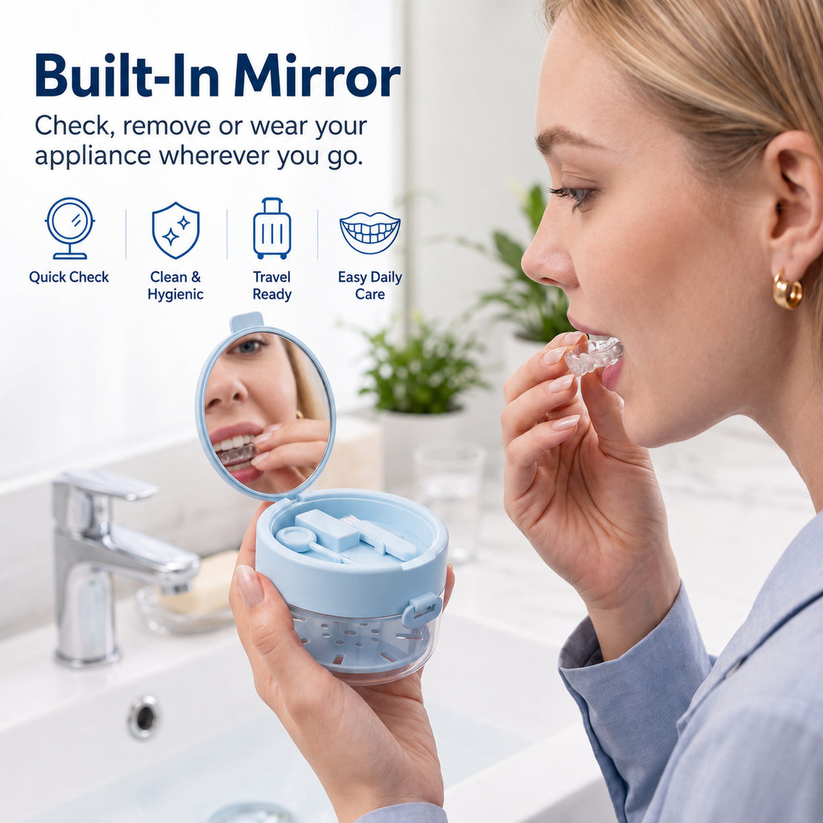 3-in-1 Denture Cleaner Case with Mirror & Cleaning Tools - Portable Leak-Proof Storage