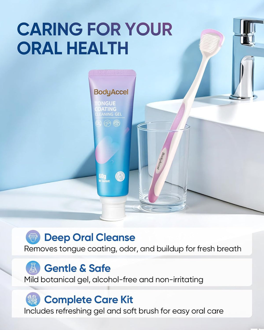 Tongue Cleaner Gel with Tongue Brush - Fresh Breath Oral Care Kit