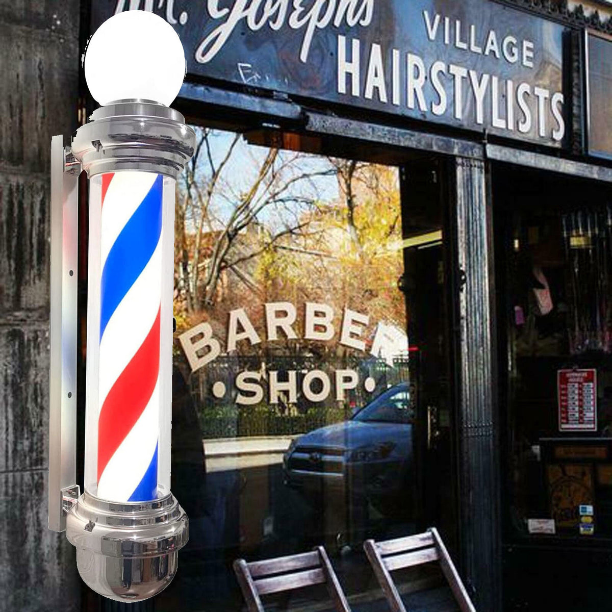 33-inch Rotating LED Barber Shop Pole with Red, Blue, White Stripes