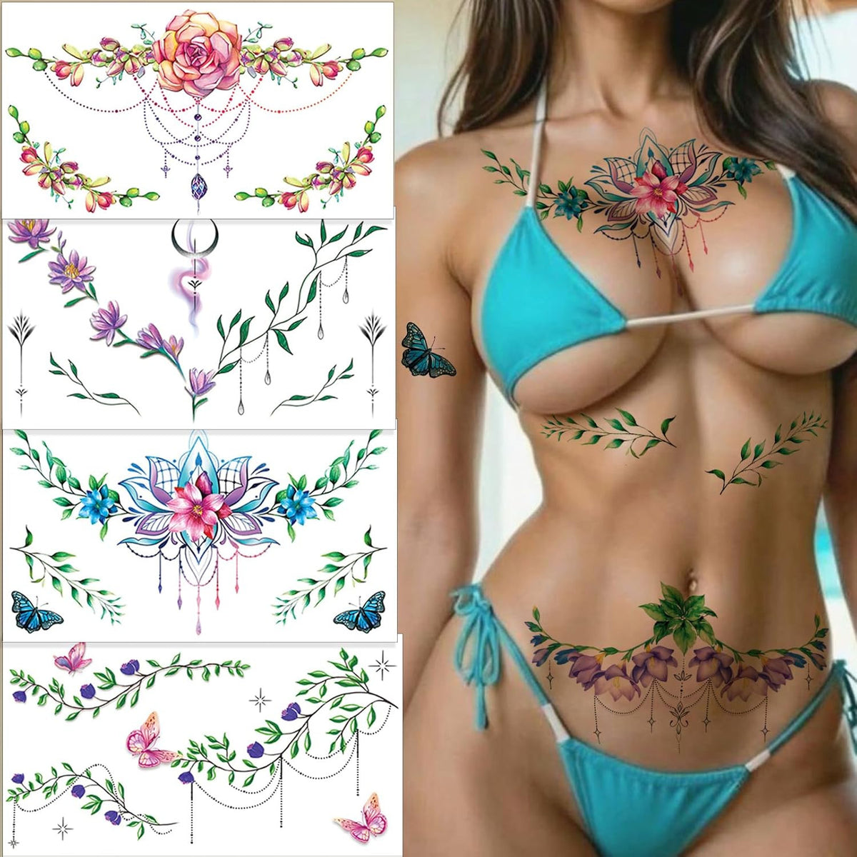 Watercolor Flower Temporary Tattoos for Women – 10 Chest/Body Art Sheets