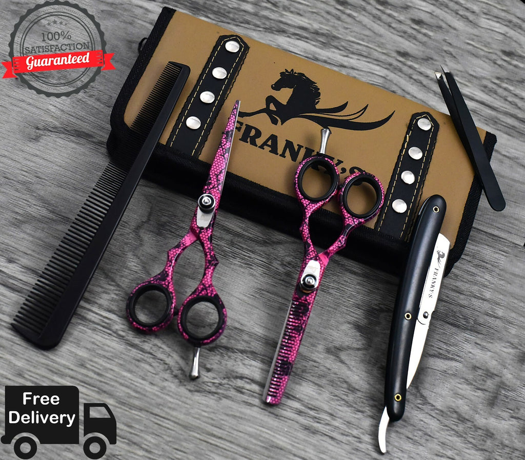 5.5 Inch Professional Hair Cutting & Thinning Scissors Set with Razor and Pouch - Pink