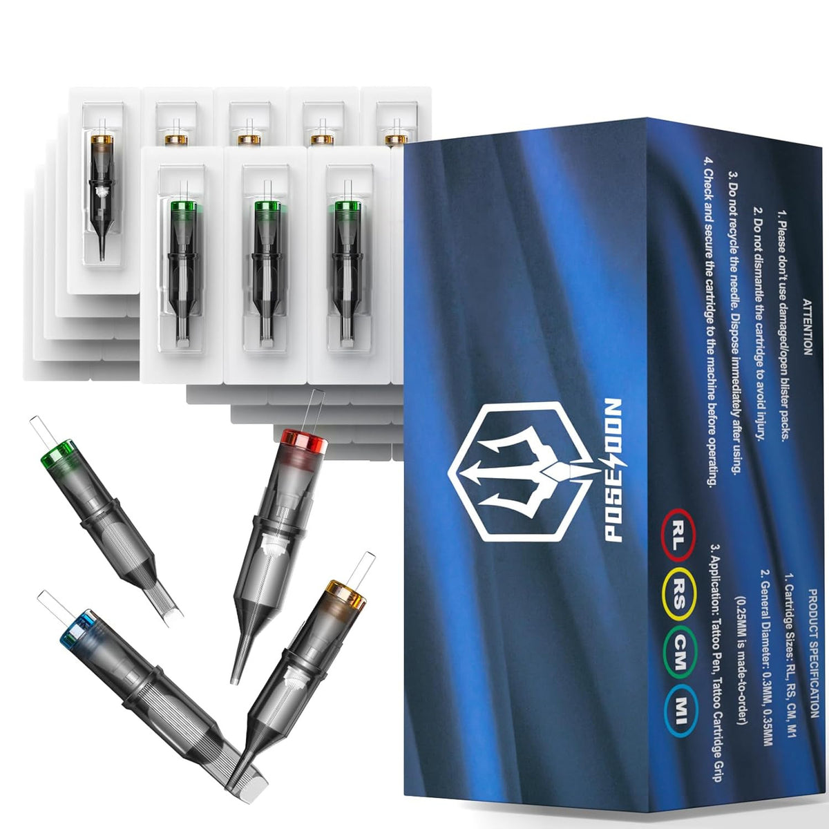 Poseidon Tattoo Cartridge Needles 50Pcs Assorted Disposable Set