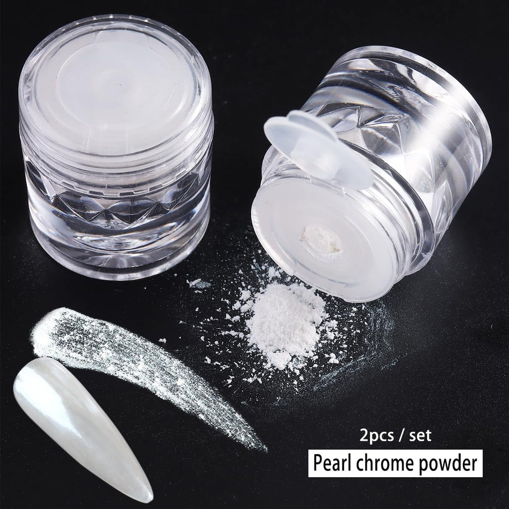 White Chrome Nail Powder Set - 2 Pcs Pearl Chrome for Glazed Donut & Mermaid Nails
