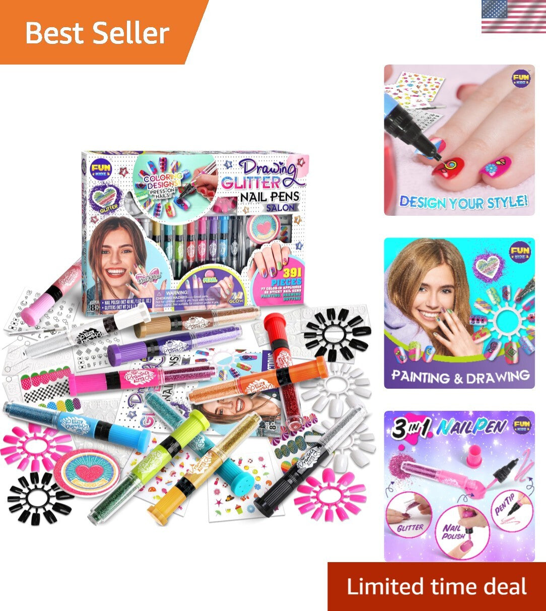 Kids Nail Art Kit with Fake Nails and Glitter Pens - Safe DIY Set for Girls