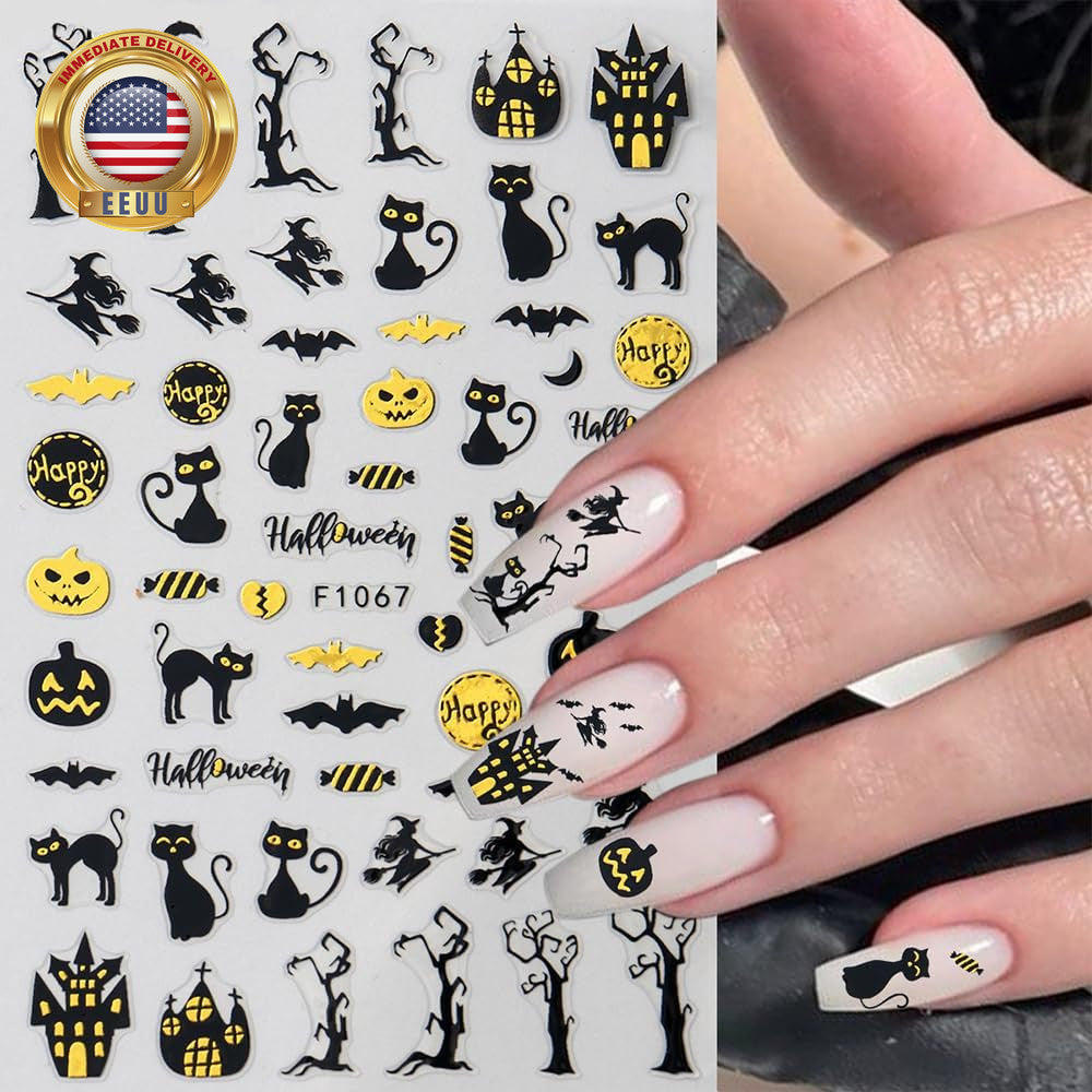 Halloween Ghost Nail Stickers - 3D Self-Adhesive Gold & Black Decals for Nail Art
