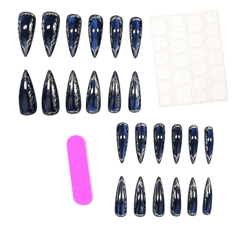 48pcs Stiletto Fake Nails with Royal Blue Mirror Silver Rim - Luxury Press-On Nails