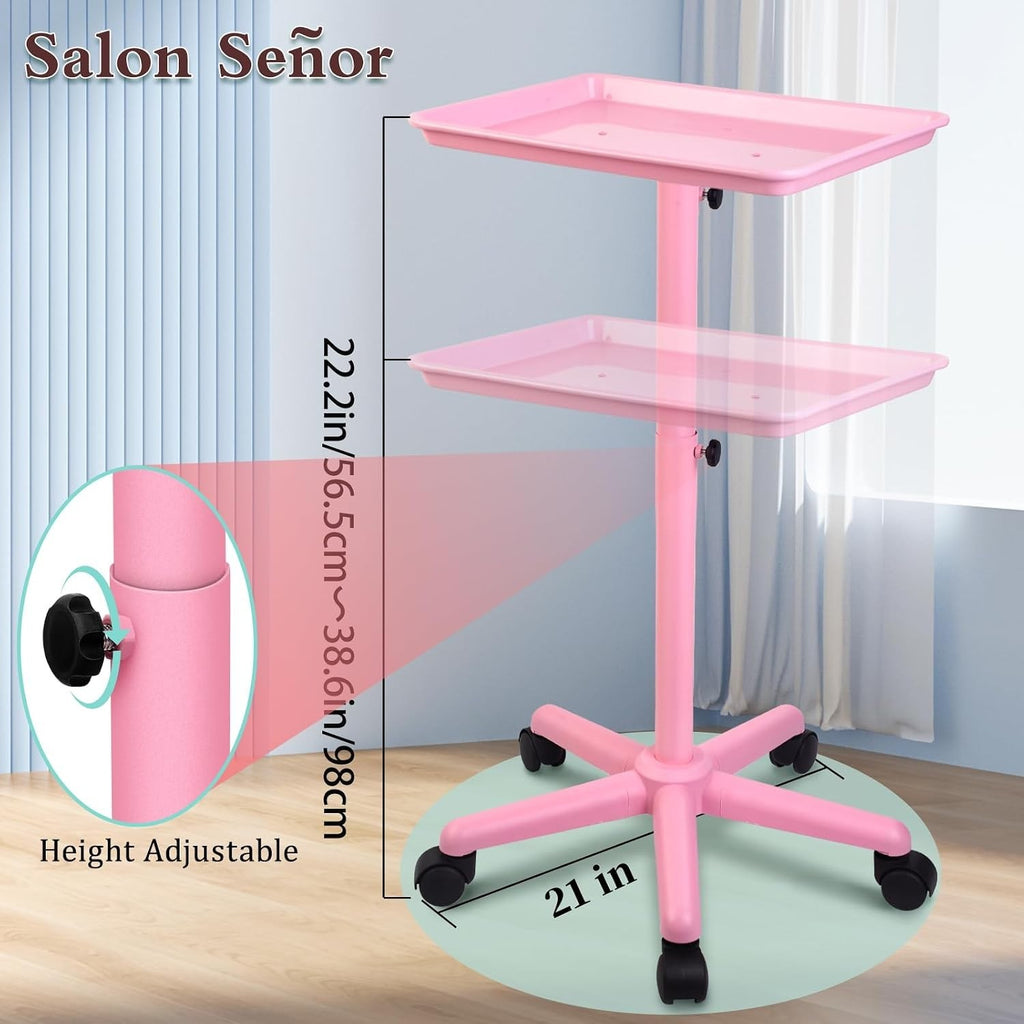 Pink Height-Adjustable Salon Tray with 5 Wheels for Beauty & Home Use