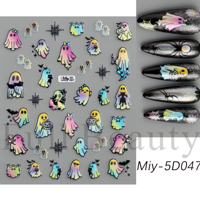 Rainbow Ghost Bat Cat Halloween Nail Stickers 2 Sheets 3D Embossed Decals