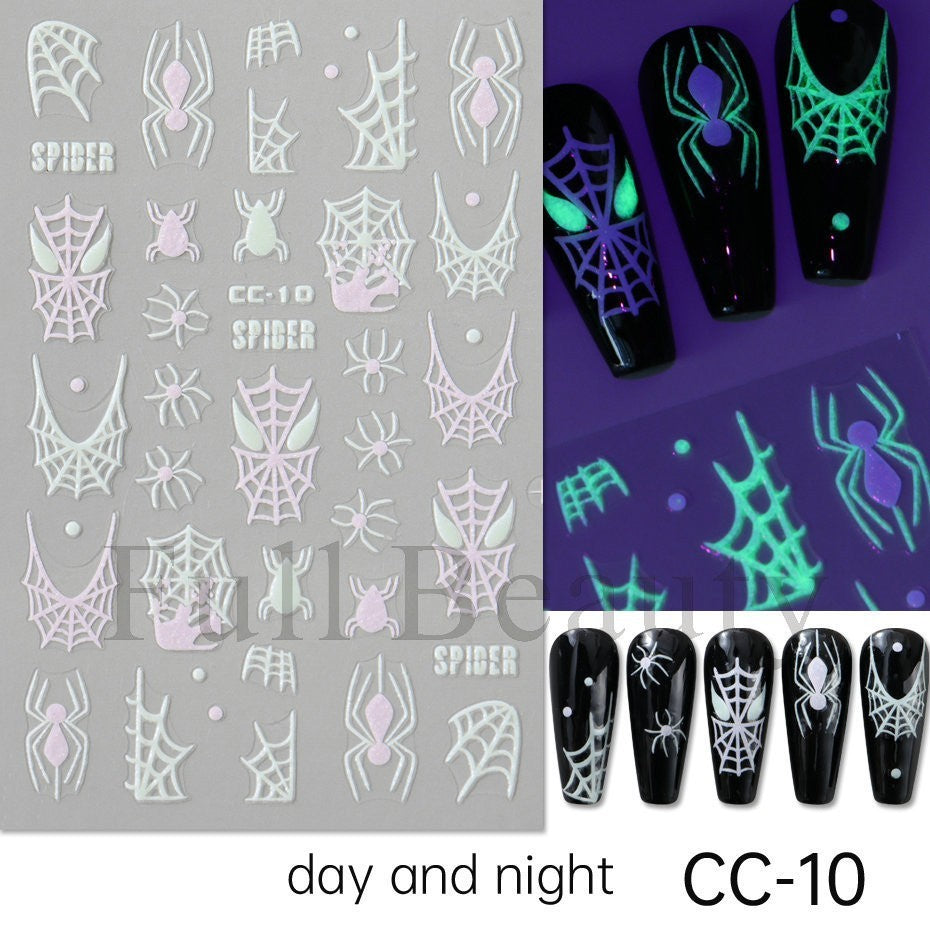 Glow in The Dark Halloween Nail Decals Ghost Spider Web Skull - 4 Sheets