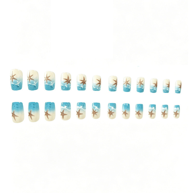 48pcs Short Square Press-On Nails with Blue Wave & Starfish Beach Design