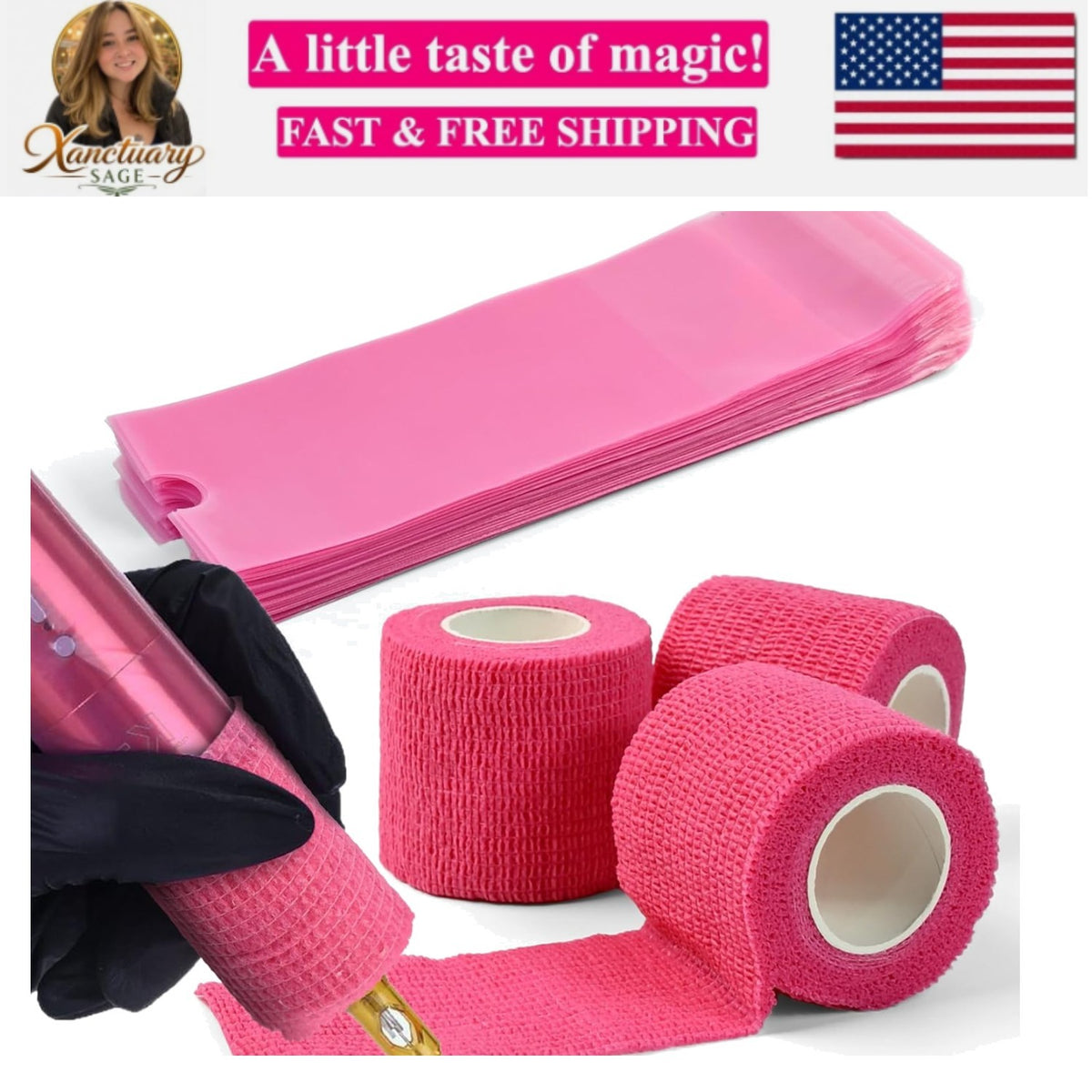 Pink Tattoo Pen Covers & Grip Tapes Set – 200 Pcs, Waterproof 2" Covers & 2"x5yd Grips