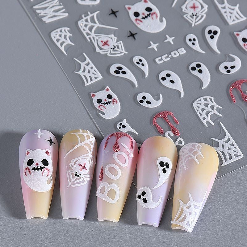 Glow-in-the-Dark Halloween Spider Web Nail Art Stickers Pink Black Ghost BOO