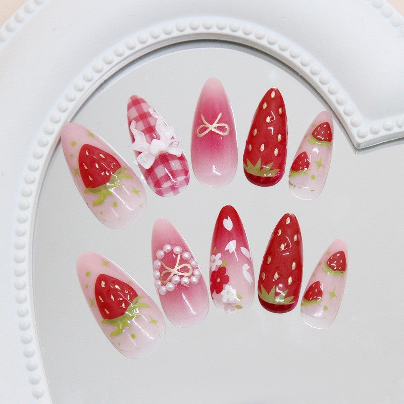 48Pcs Kawaii Press-On Nails with 3D Strawberries & Gradient Tips - Fake Nails