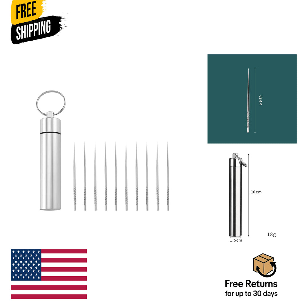Stainless Steel Travel Toothpicks Reusable Pocket Picks 10 Pack