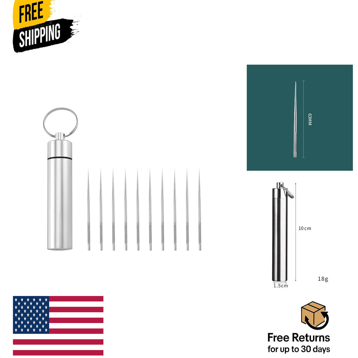 Stainless Steel Travel Toothpicks Reusable Pocket Picks 10 Pack