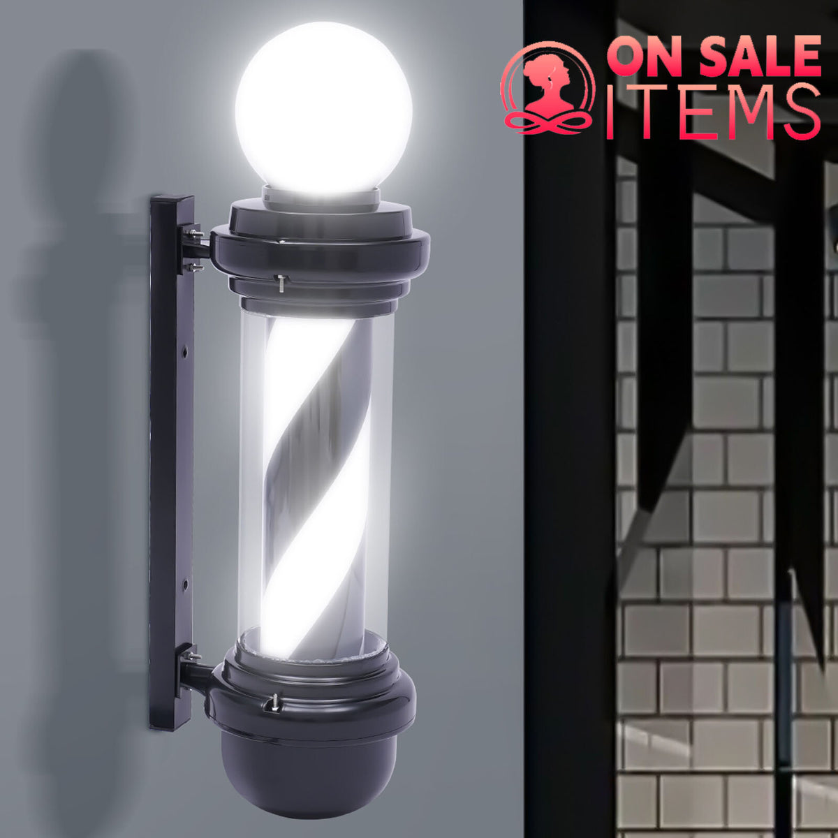Outdoor LED Barber Pole Light Sign for Hair Salon Shop Rotating Black & White