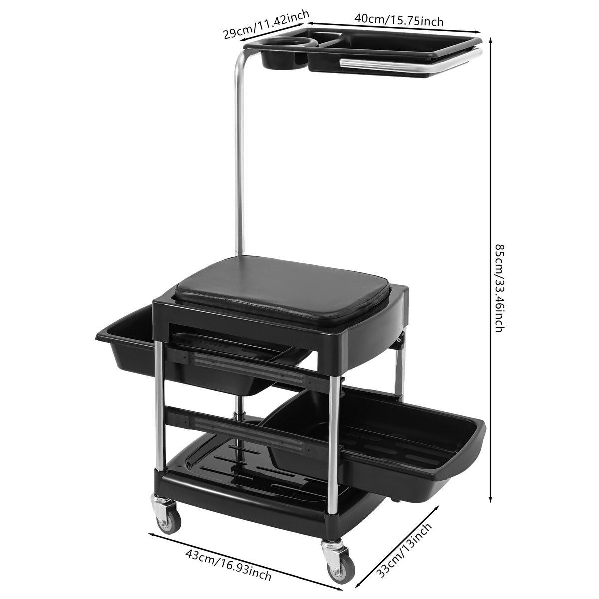 Salon Hair Tool Cart with Seat and 3 Tiers, Rolling Storage Trolley, Black
